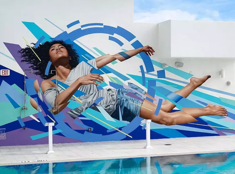 Image: painting of a woman with blue abstract stripes