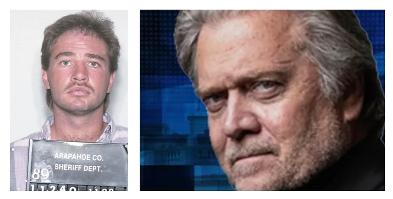 A vintage mug shot of Robert Sigg and a portrait of Steve Bannon on the Real America's Voice website.