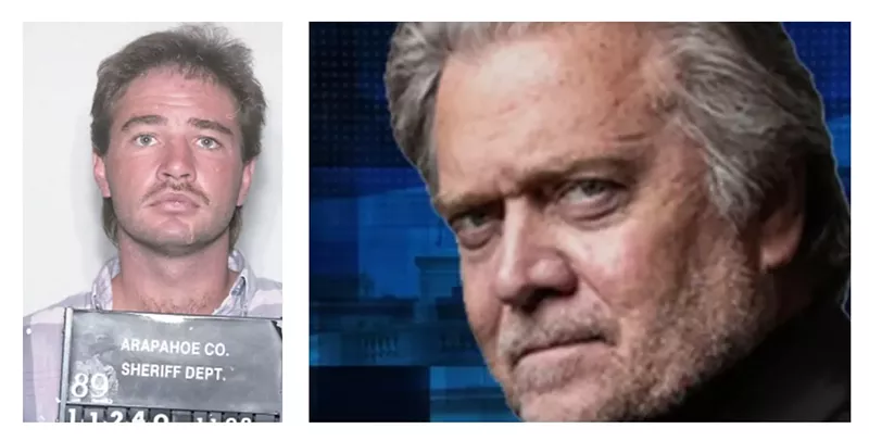 Image: A vintage mug shot of Robert Sigg and a portrait of Steve Bannon on the Real America's Voice website.