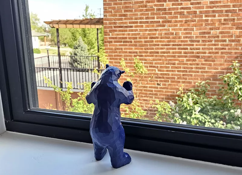 Image: blue bear looking out window.