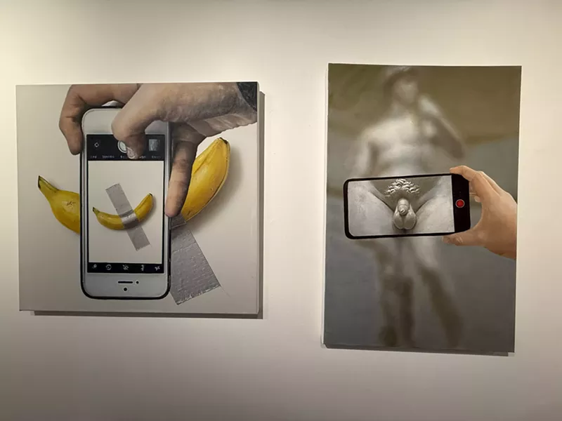 Image: Two pieces of art that showcase someone taking a photo of a banana duct-taped to the wall and someone taking a photo of a male statue's genitals.