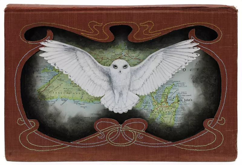 Image: Valerie Savarie, “Scenic Route,” altered book (Standard World Atlas by Rand McNally, published 1956), acryla gouache, vintage thread, wax.