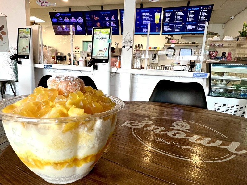 A bowl of Mango Snow from Snowl is served in a large, sharable bowl.