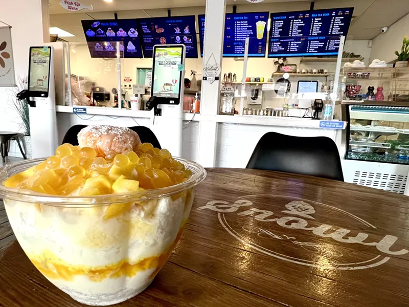 Image: A bowl of Mango Snow from Snowl is served in a large, sharable bowl.