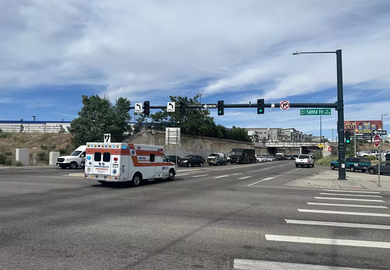 Image: Denver Health ambulance at Santa Fe intersection