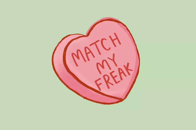 Image: An illustration of a pink candy heart that reads "MATCH MY FREAK."