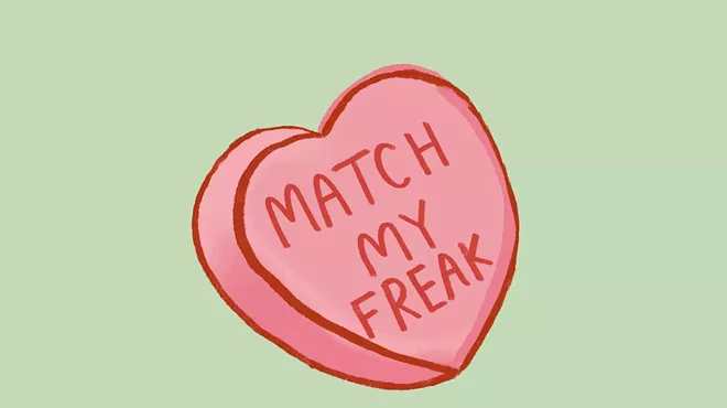 An illustration of a pink candy heart that reads "MATCH MY FREAK."