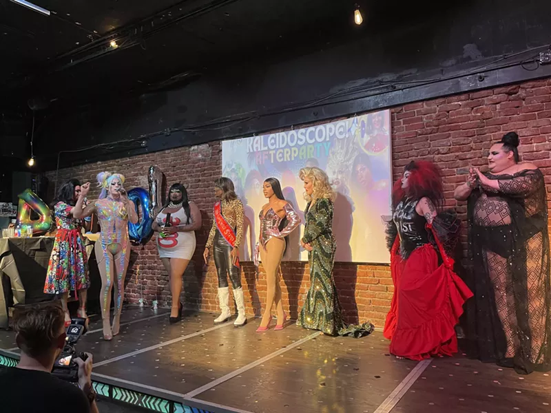 Image: A shot from the 2023 DIVAs afterparty. From left to right: Co-hosts Felony Misdemeanor and Jessica L'Whor, with guest performers Blackberri, Solo Jackson, Khloe Coulee, Nina Montaldo, Throb Zombie, and Jayla Rose.