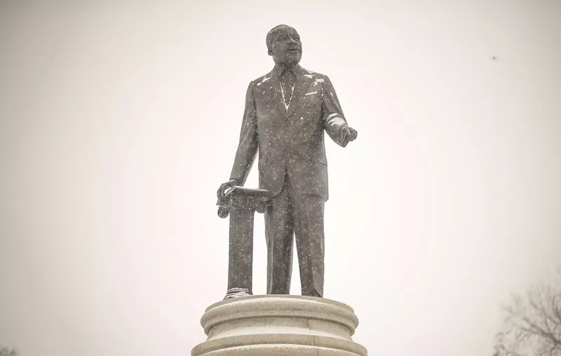 Image: The statue of Martin Luther King Jr. by Ed Dwight gathers snow in freezing temperatures.