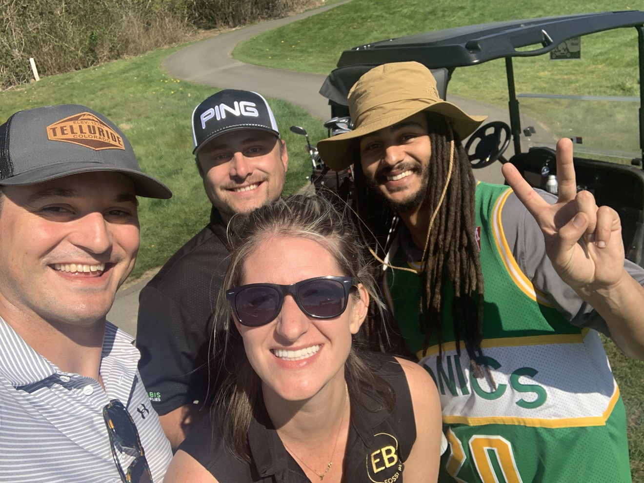 Cannabis Golf League directors Shannon Kaygi and Evan Patterson (middle top and bottom) believe that cannabis and golf benefit each other.