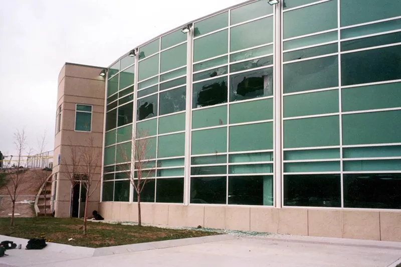 Image: school with windows shot out