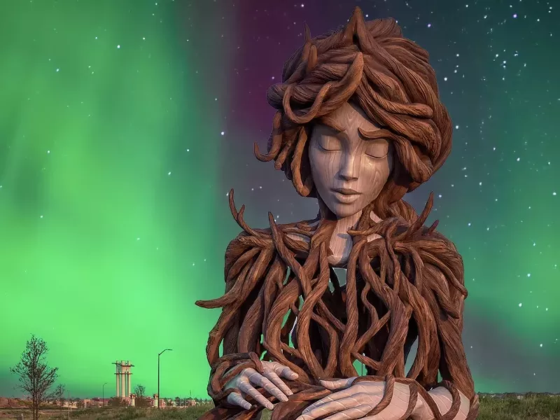 Image: A twisted wood sculpture of a woman backdropped by the northern lights