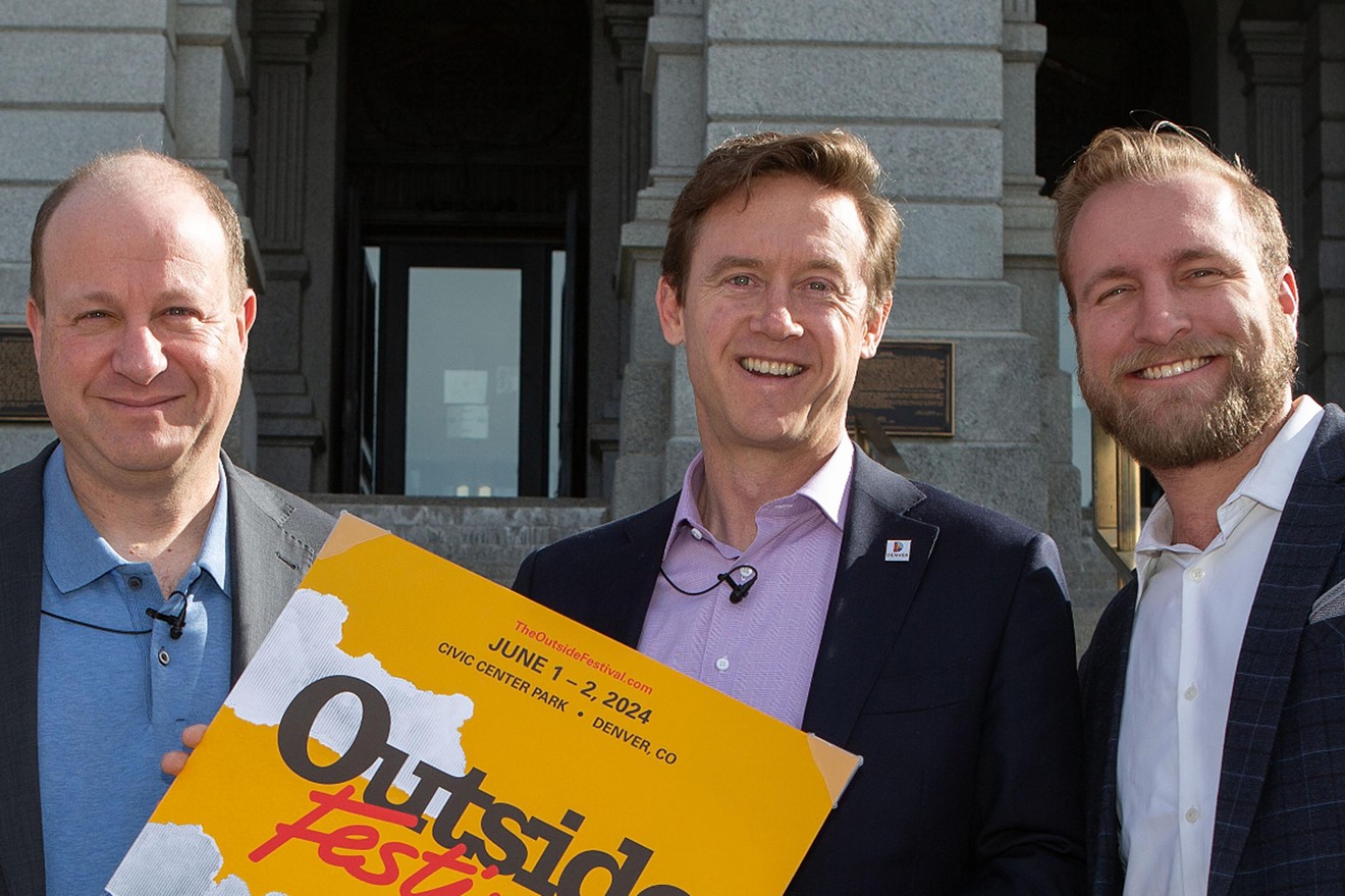 Governor Jared Polis and Mayor Mike Johnston  with Conor Hall at the Outside Festival announcement.