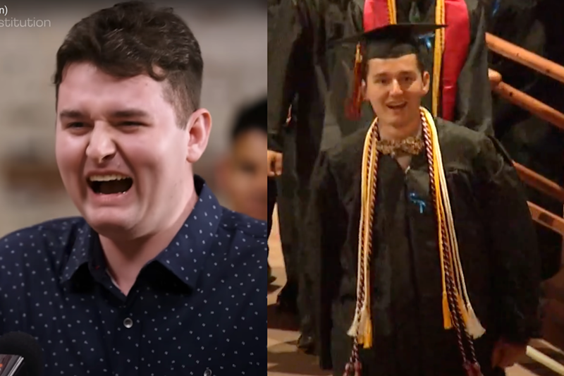 Image: Screenshots of Connor Estelle appearing on Jubilee's "1 Progressive vs 20 Far-Right Conservatives" and walking the stage during his Castle View High School graduation.