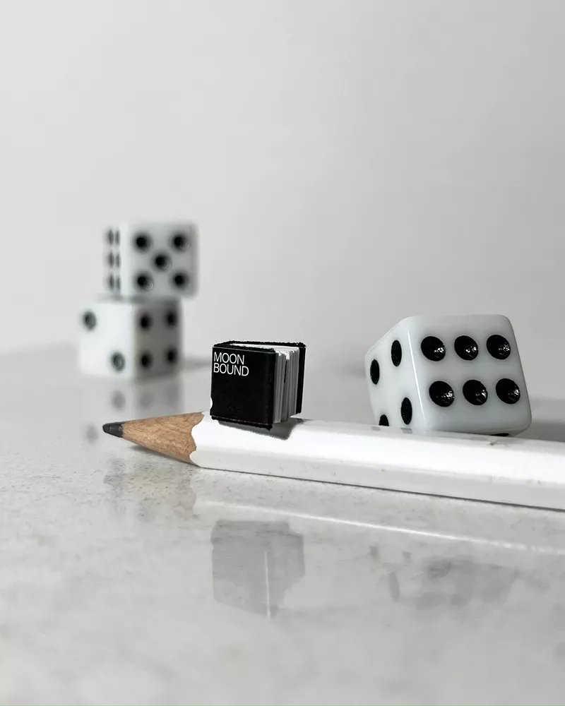 Image: A tiny book with a pencil and dice for comparison