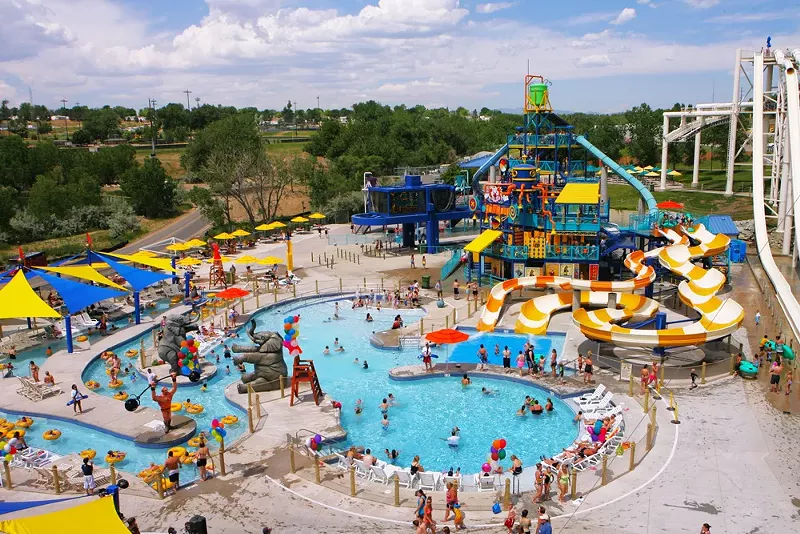 Image: An aerial view of Water World, featuring a pool, slides and a lazy river