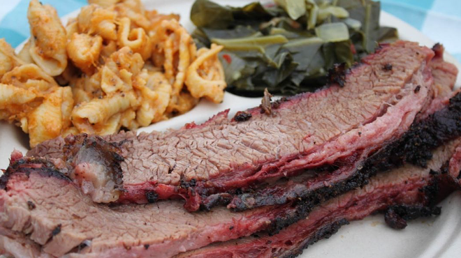 barbecue bisket, greens and mac and cheese