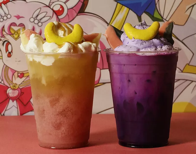 Image: a pink drink and a purple drink