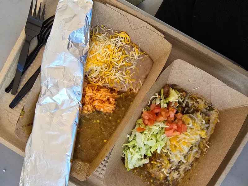Image: green chile with rice and beans and a crispy chile relleno
