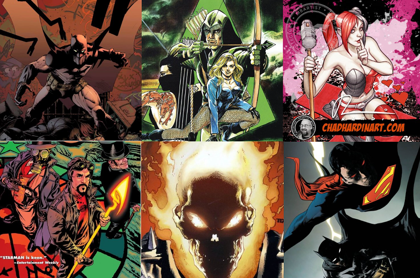Clockwise from upper left: Capullo's Batman, Grell's Green Arrow, Hardin's Harley Quinn, Lee's Superman/Batman, Mackie's Ghost Rider, and Harris's Starman. - FAN EXPO HQ