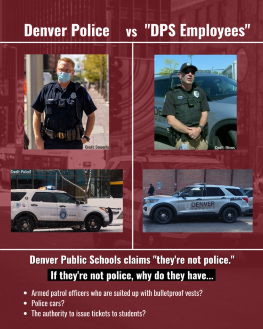 A Padres & Jóvenes Unidos graphic that attempts to show the similarities between Denver Police school resource officers and Denver Public Schools safety patrol officers. - PADRES & JÓVENES UNIDOS