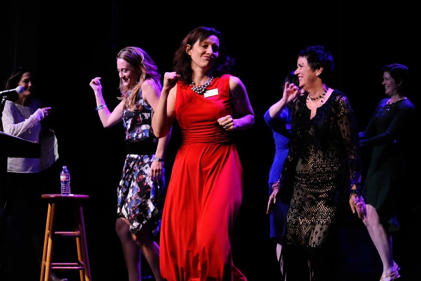 Mare Trevathan, in red, at Body of Work, an eclectic evening of words, dance and music revering the body. - PHOTO COURTESY OF MICHAEL ENSMINGER