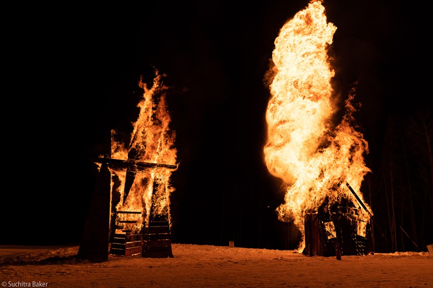 Wood sculptures burning in 2020. - SUCHITRA BAKER