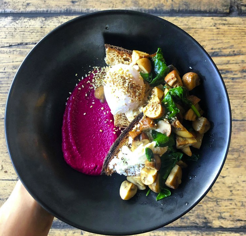 The mushroom tartine with beet hummus at Stowaway Kitchen. - STOWAWAY KITCHEN/INSTAGRAM