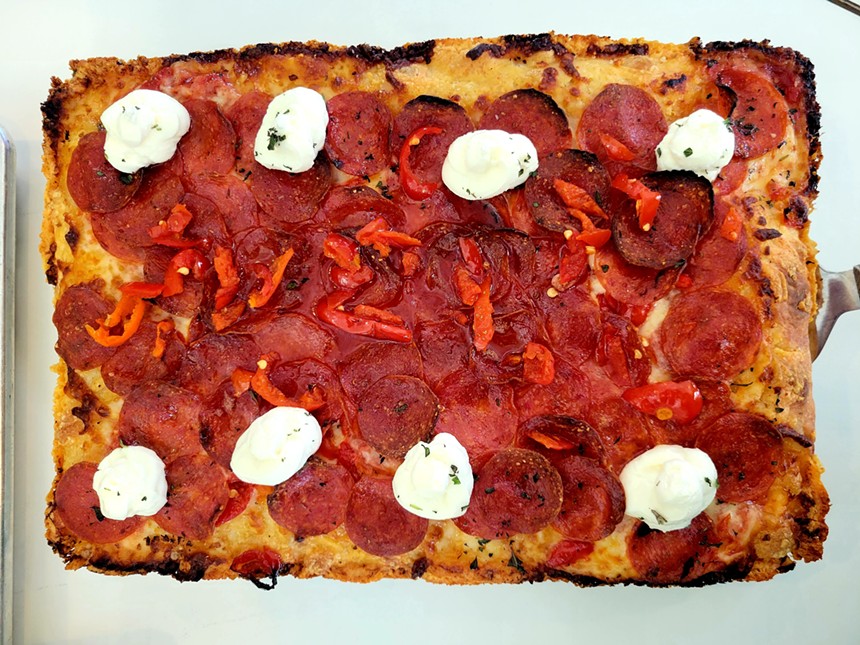 The spicy pepperoni Detroit-style pie at Ghost Box Pizza. - LINNEA COVINGTON