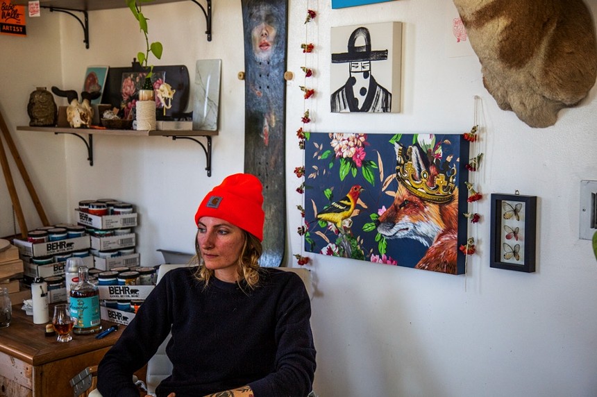 Alexandrea Pangburn in her studio with the painting that she made back in 2019 for the Collectors Art Series. - BRECKENRIDGE DISTILLERY