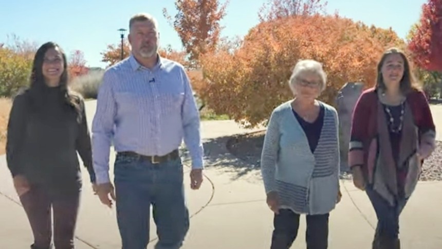 (From left) Kaylee Winegar, Mike Peterson, Becky Myers and Christy Williams, the members of the Douglas County School Board's conservative bloc, as seen in a 2021 campaign video. - KIDS FIRST DCSD VIA YOUTUBE