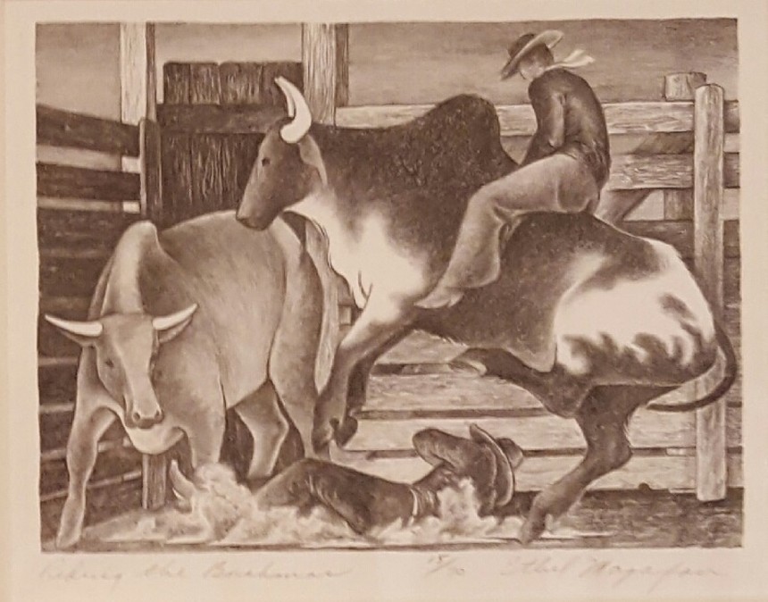 Ethel Magafan, “Riding the Brahmas,” c. 1938, lithograph. - ROBERT G. LEWIS COLLECTION