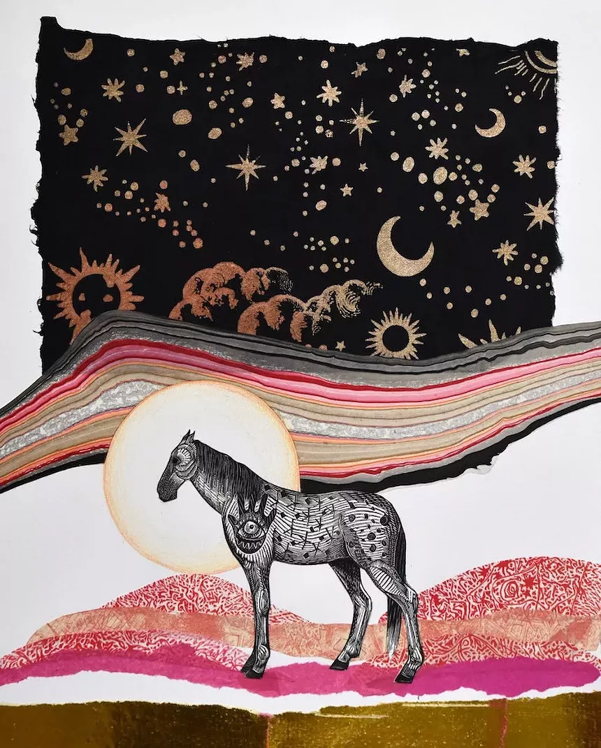 Johanna Mueller, “Cosmic Pony,” relief engraving, collage, gold leaf. - JOHANNA MUELLER