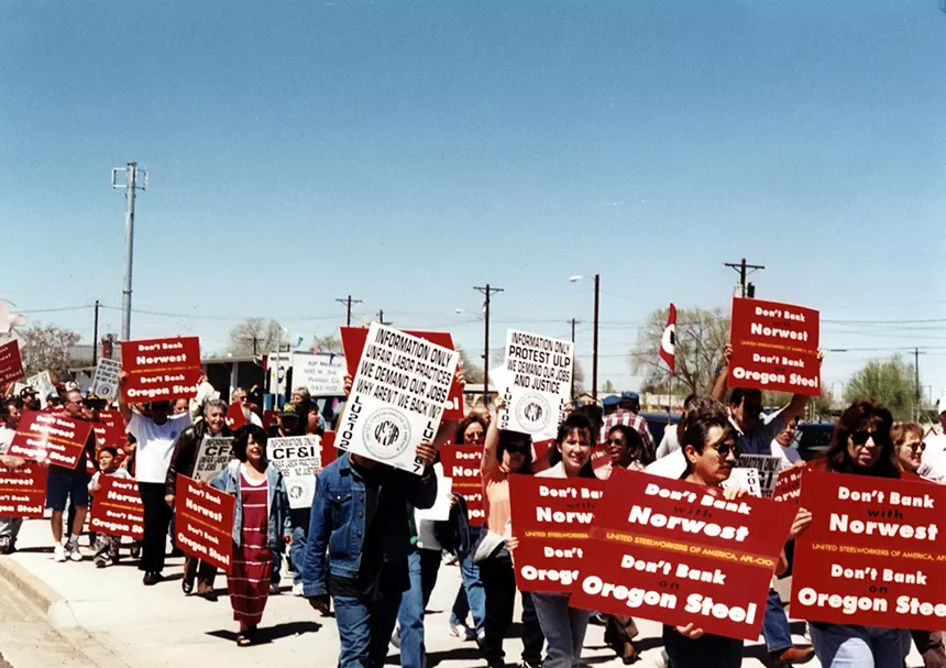 Members of United Steelworkers Locals 2102 and 3267 and their community and labor allies rally to put economic pressure on Oregon Steel and one of its financiers, Norwest Bank. - PHOTO COURTESY OF KITTY MIKATICH