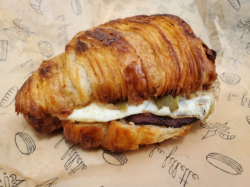 Goat cheese and green chiles on a build-your-own breakfast sandwich from La Fillette. - MOLLY MARTIN