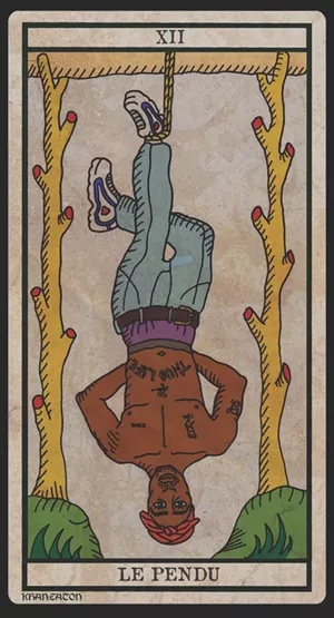 King Khan and Michael Eaton, "The hanged man," of the Black Power Tarot. - KING KHAN AND MICHAEL EATON