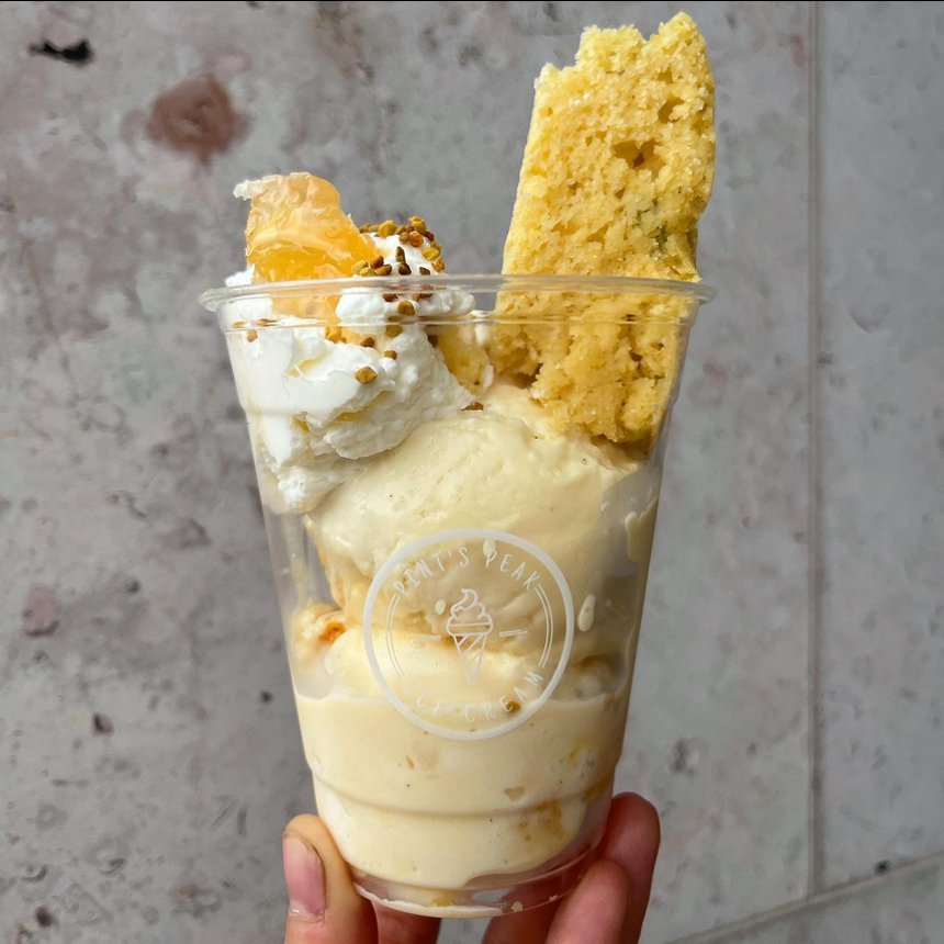 Pint's Peak's newest sundae: the Bee's Knees, featuring Honeycomb Vanilla Ice Cream, Bee Pollen, Real Honeycomb, and Hatch Chili Cornbread.  - PIC DE LA PINT/INSTAGRAM
