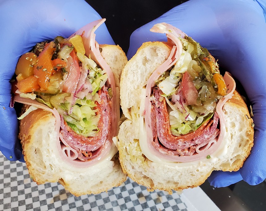 inside view of an Italian sandwich cut in half