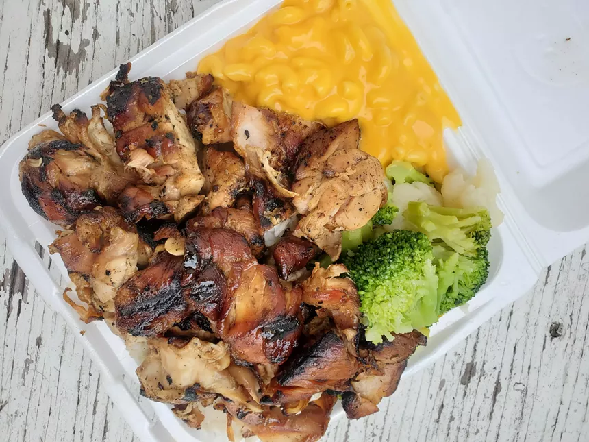 bourbon chicken with broccoli and mac and cheese