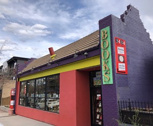 a red and purple brick bookstore
