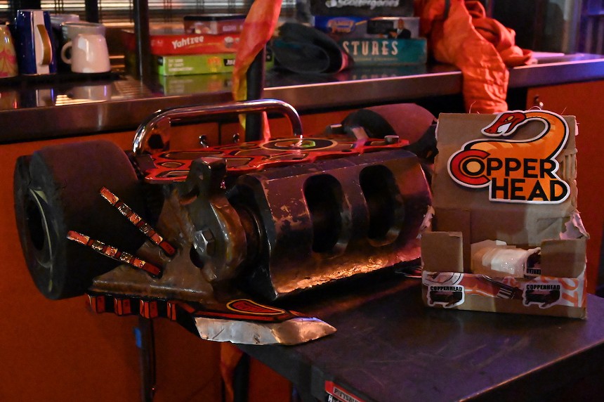 Denver's competitive combat robot Copperhead on display during a viewing party at Fat Sully's on South Broadway.
