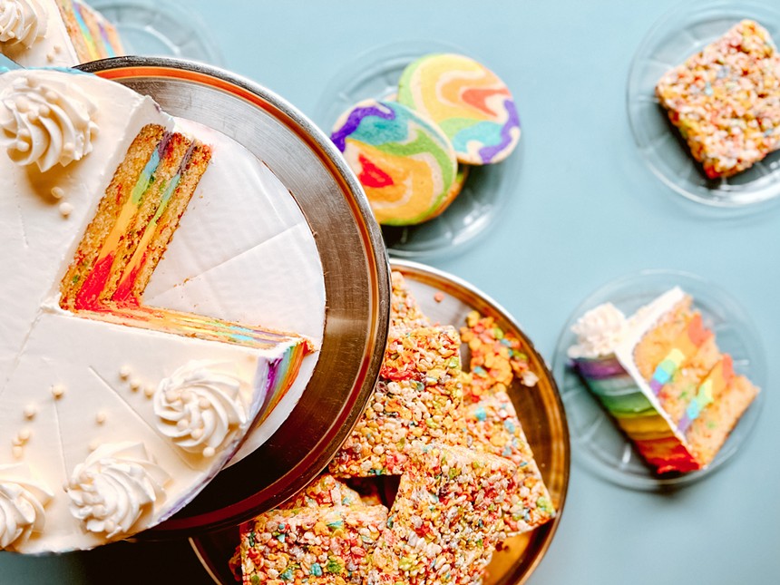 a rainbow cake, rainbow rice krispies treat and rainbow cookies