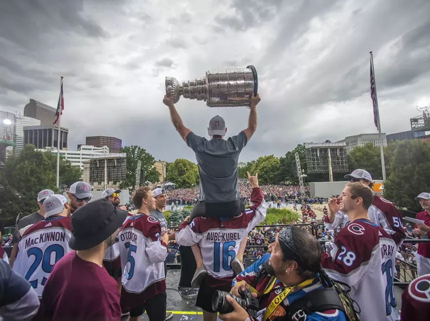 Denver City and County Building scene with celebration for Colorado Avs