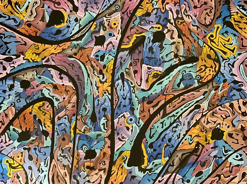 an abstract painting using yellow, blue, orange