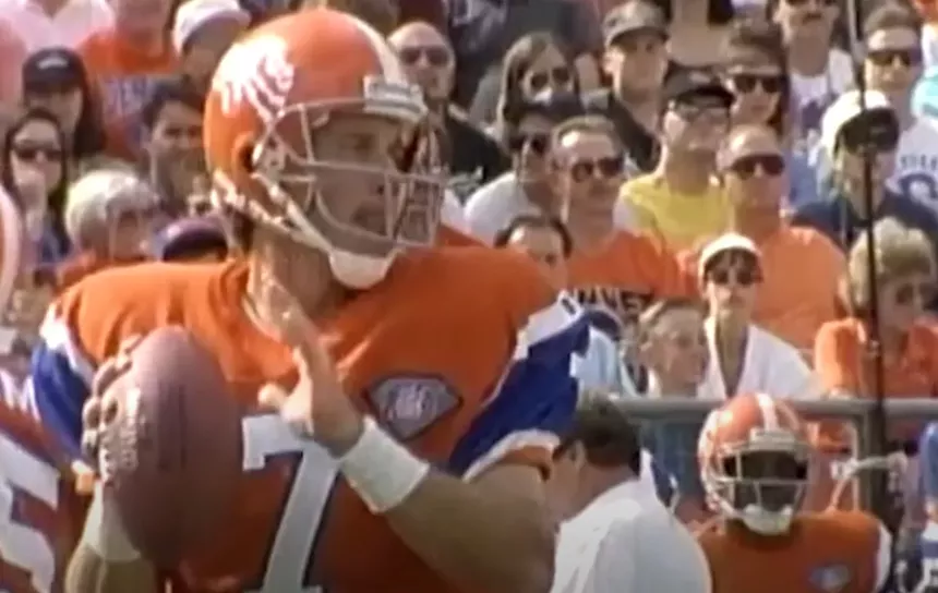 John Elway of the Denver Broncos playing in a game.