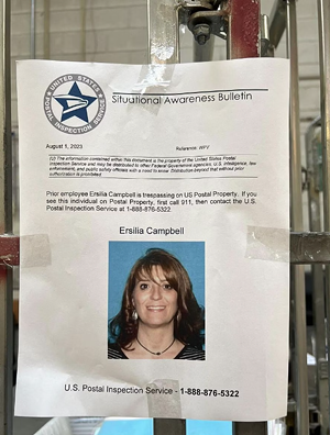 A "Situational Awareness Bulletin" sent out by the U.S. Postal Inspection Service about former worker Ersilia Campbell.