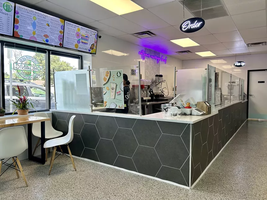 a counter inside a juice shop