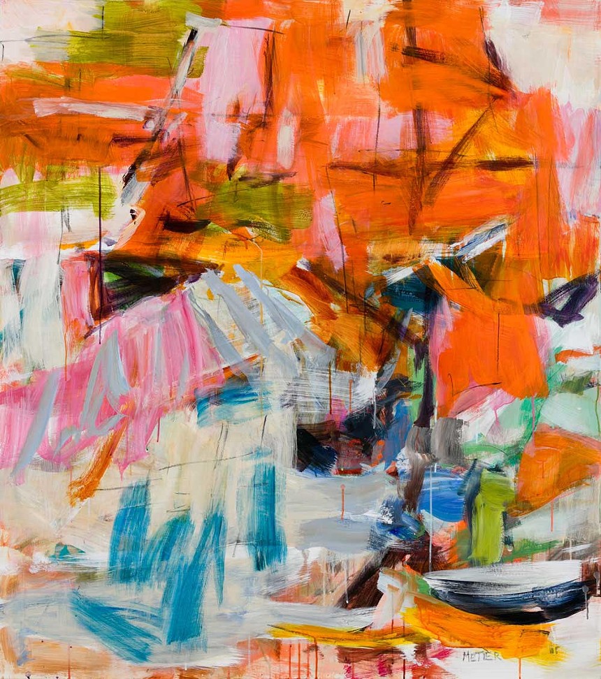 abstract painting in orange, pinks and blues.