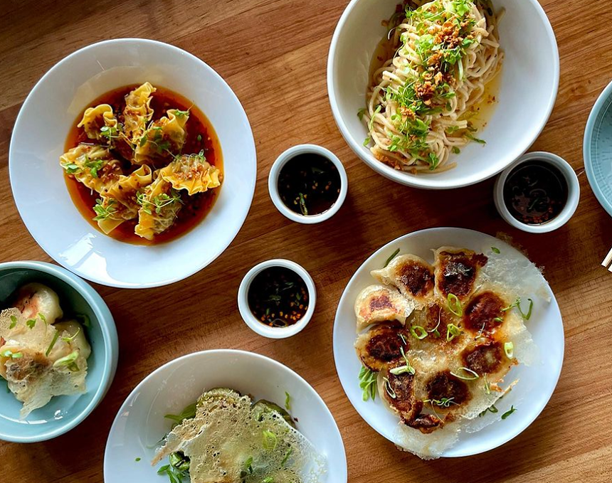 various dumplings on plates