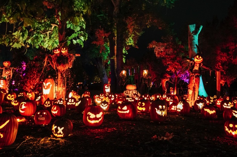halloween jack o' lanterns lit up at night